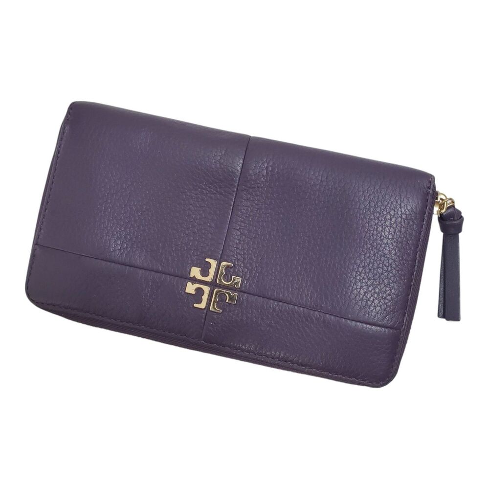 TORY BURCH Wallet Blue Pebble Leather Zip Around Envelope Gold Logo Boho
